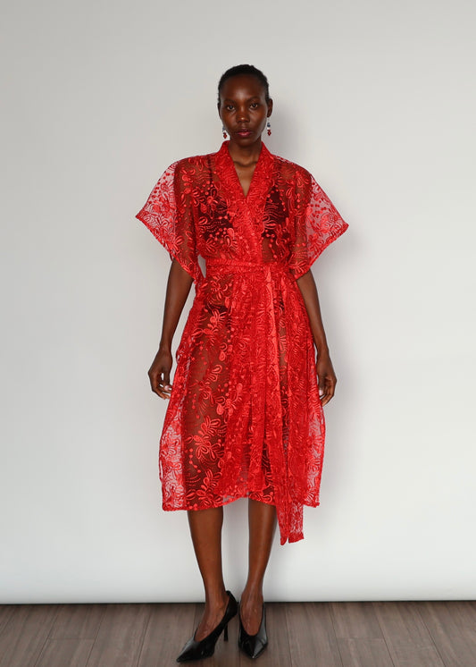 Elena Embroidered Kimono - Red