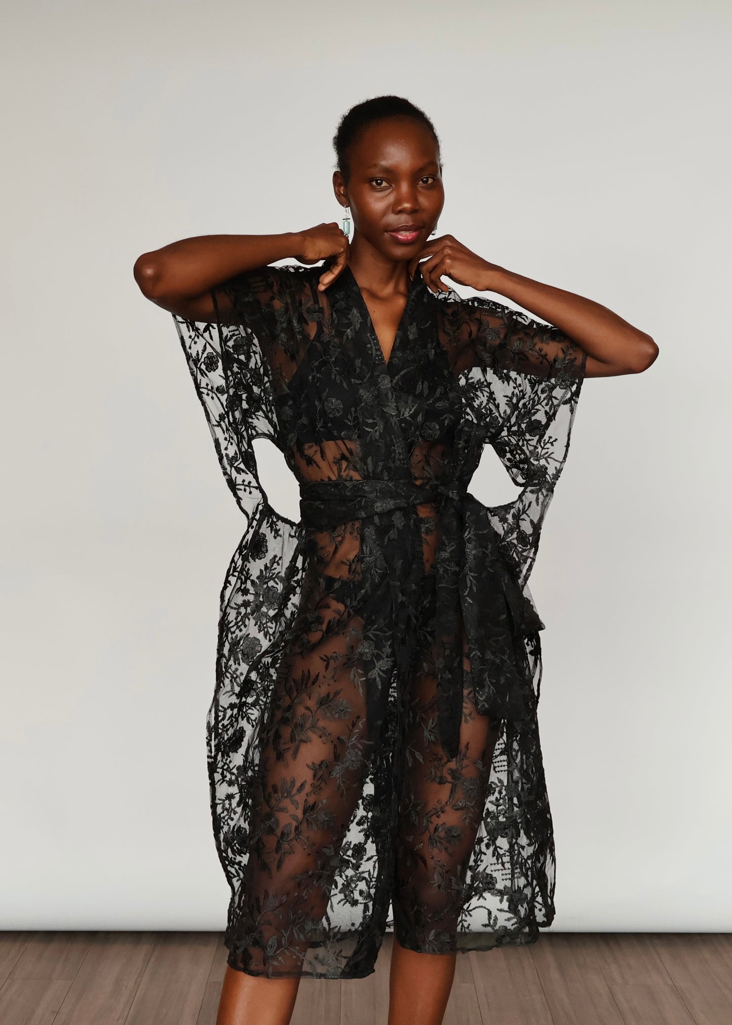 Elena  Embroidered Kimono - Black