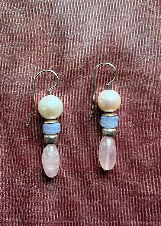 Pearl, Chalcedony and Rose Quartz Earrings