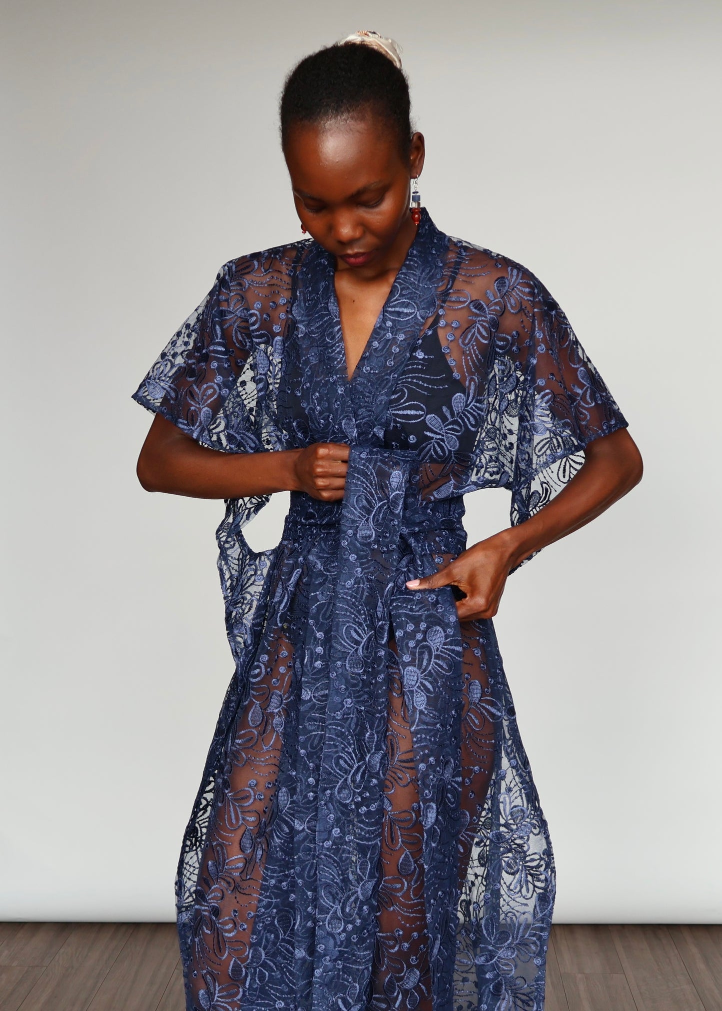 Elena  Embroidered Kimono - Navy Blue